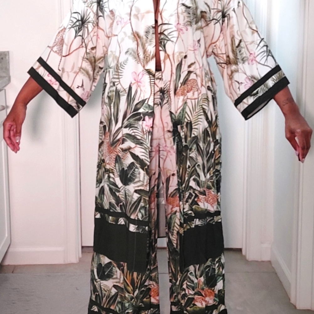 Floral Print High Waist Pants With Kimono